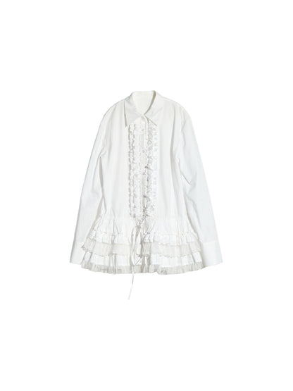 White Lace Tie-Waist Long Sleeve Blouse Top