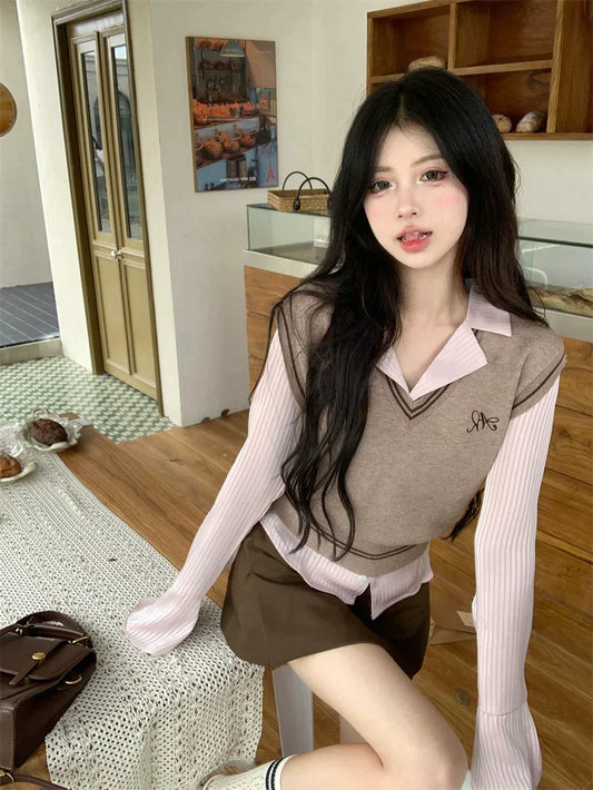 Pink Brown Vest Top & Skirt Set