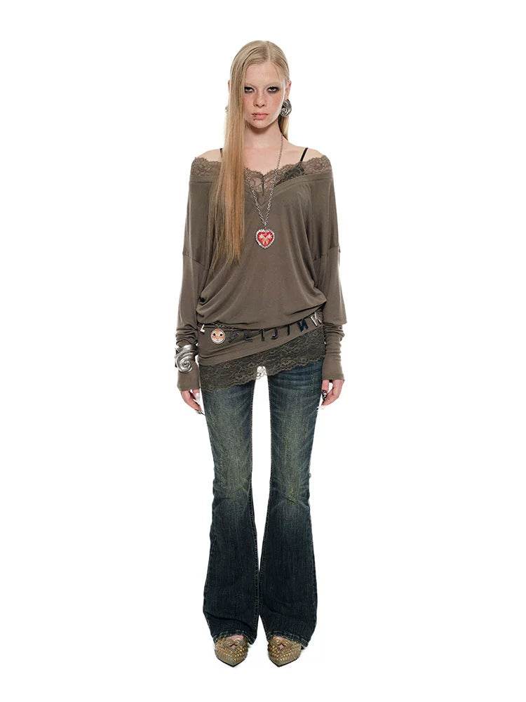 V-Neck Lace Trim Layered Blouse - My Store