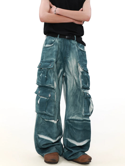 Washed Tie Dye Multi Pocket Wide Leg Denim Jeans