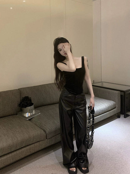 Velvet Top & Leather Pants Set