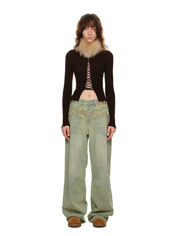 Distressed Washed Green Wide-Leg Jeans - My Store