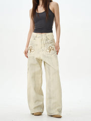 Embroidered Cream Wide Leg Pants