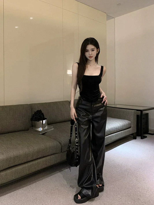 Velvet Top & Leather Pants Set