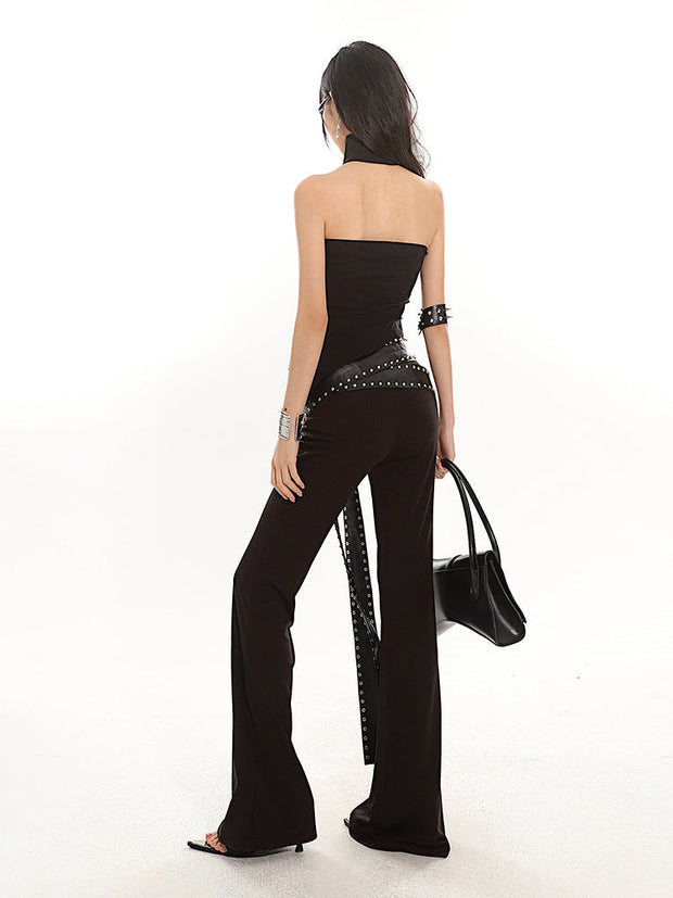 Strap Belt Set Flared Black Pants