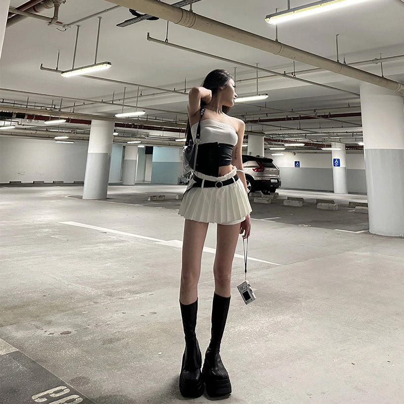 Belt Pleated Shorts Skirt
