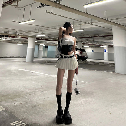 Belt Pleated Shorts Skirt