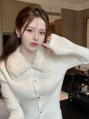 Rib Knit Fur Collar  Cardigan