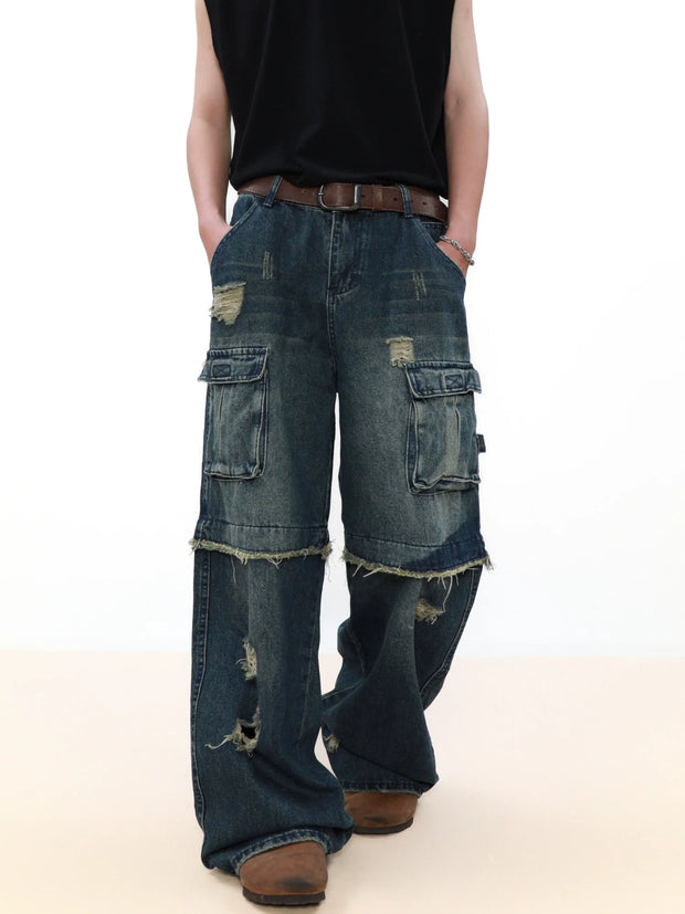 Damage Multi Pocket Straight Leg Denim Jeans