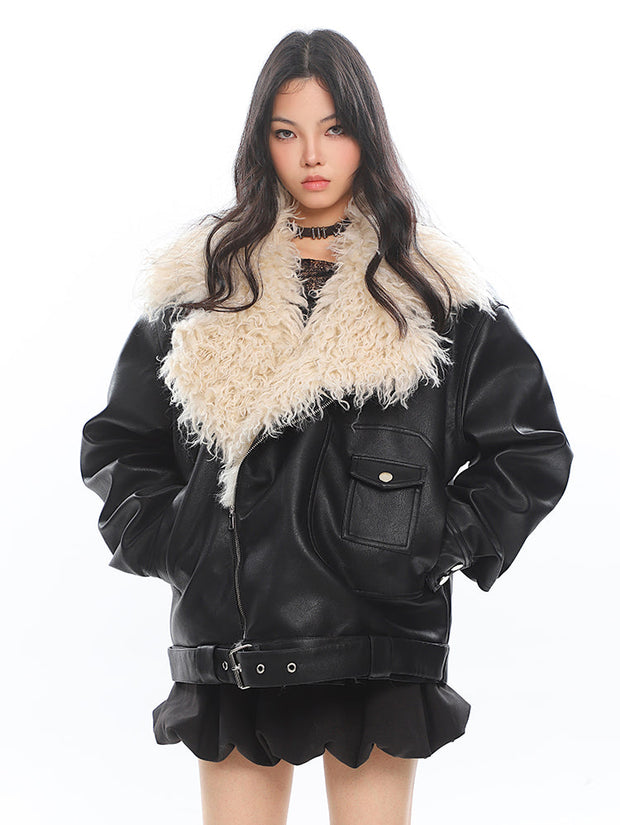 Fur Lapel Windproof Loose Leather Jacket