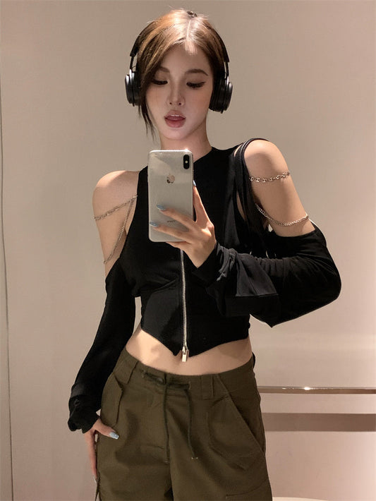 Chain Accent Zip Up Top