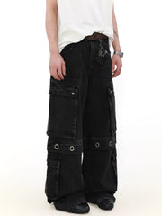 Multi Pocket Wide Leg Straight Cargo Denim Jeans