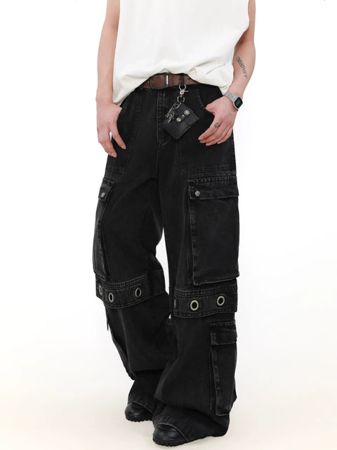 Multi Pocket Wide Leg Straight Cargo Denim Jeans