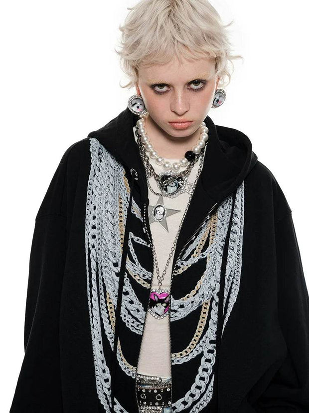 Black & White Oversized Chain Print Hoodie - My Store