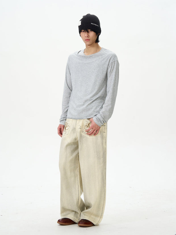 Embroidered Cream Wide Leg Pants