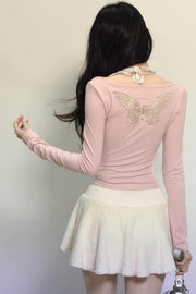 Butterfly Embroidery Long-Sleeve V-Neck T-Shirt - My Store