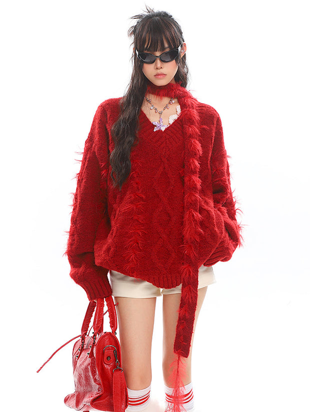 Red Scarf V-Neck Fur Sweater