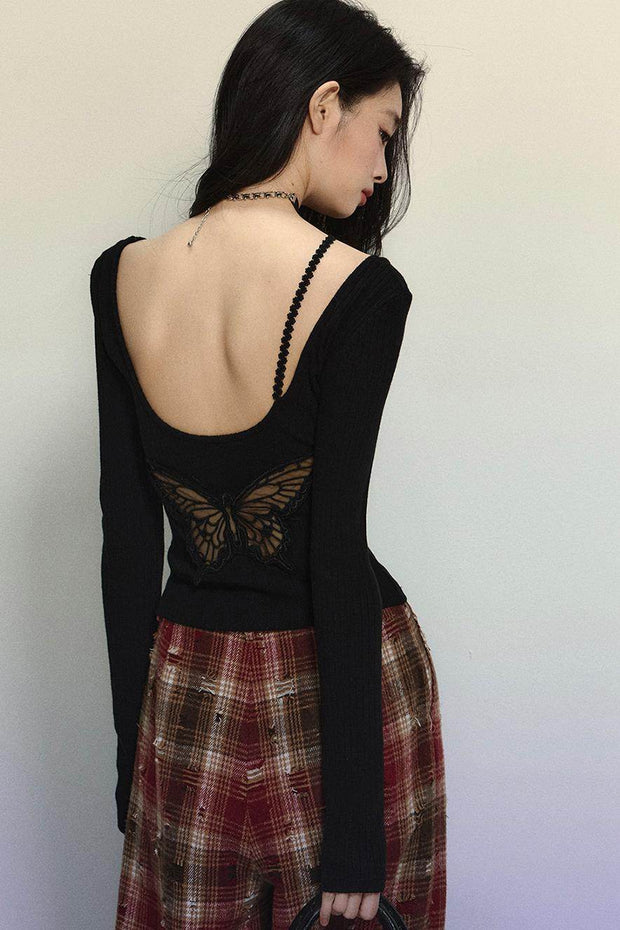 Crimson Lace Embroidered Backless Sweater - My Store