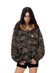 Camouflage Pattern Fur Collar Zip Jacket