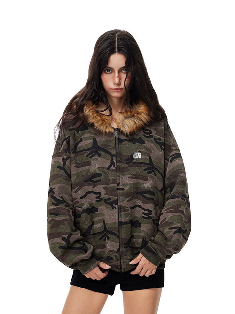 Camouflage Pattern Fur Collar Zip Jacket