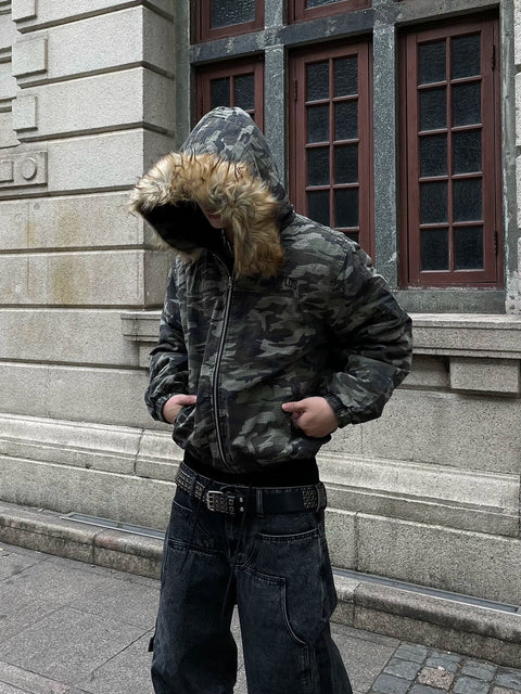 Camouflage Fake Fur Puffer Jacket