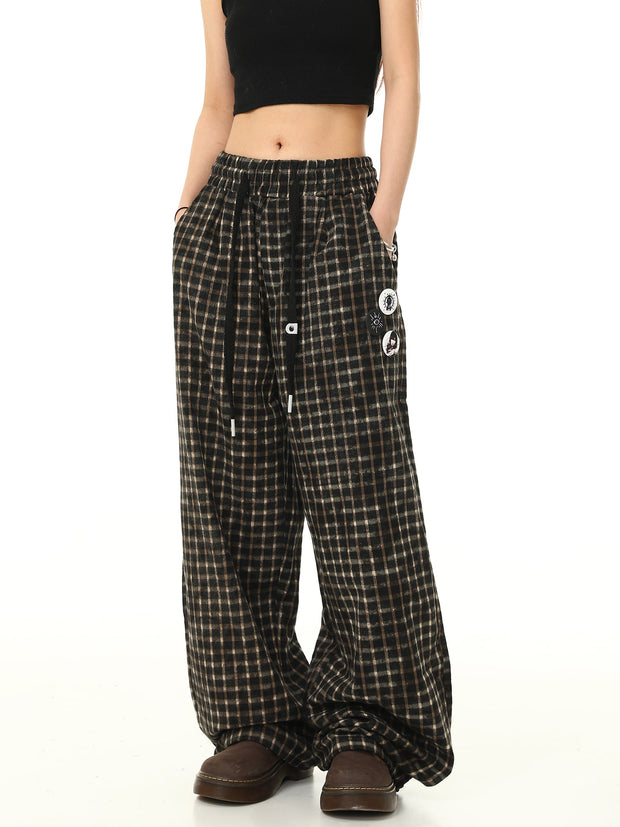 Trendy Elastic Waist Plaid Long Pants