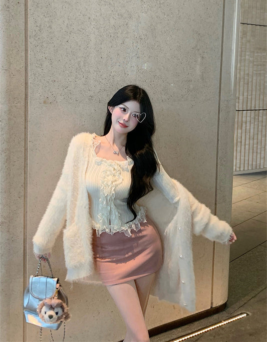 Cardigan Ruffle Top & Pink Skirt Set
