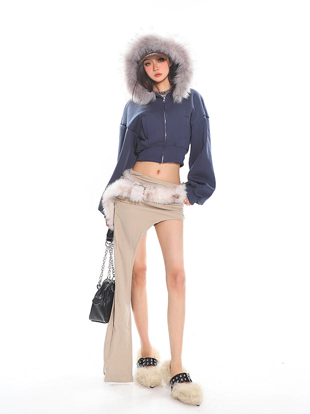 Cropped Faux Fur Hoodie Balloon Sleeves Jacket