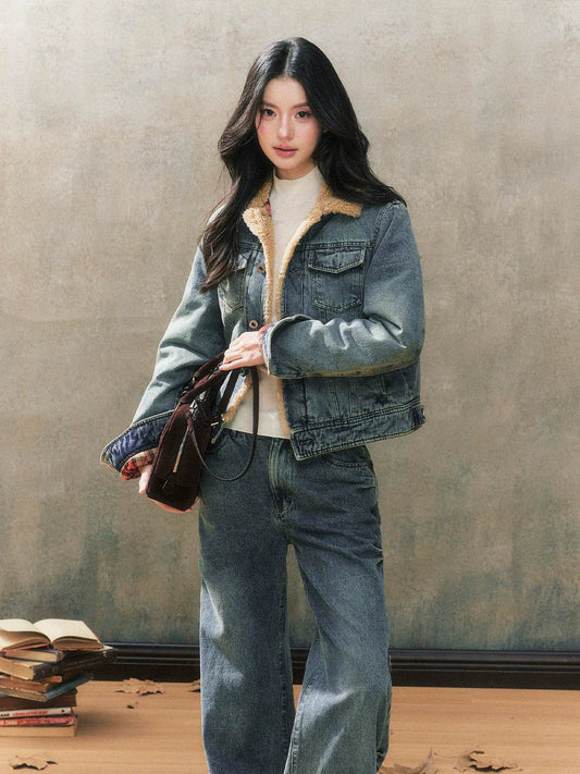 Blue Fleece Lined Denim Jacket - My Store