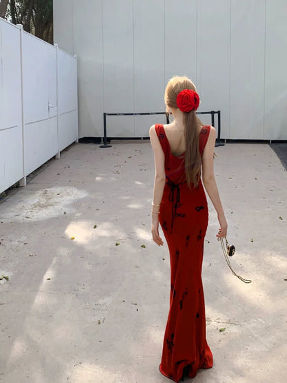Red Floral V-Neck Fishtail Maxi Dress