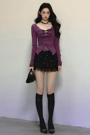 Purple Lace Embroidered Knit Top - My Store