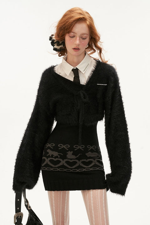 Jaqcuard Knit Dress & Cropped Mink Fur Cardigan