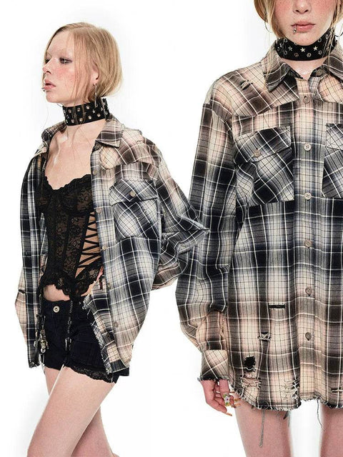 Black & White Distressed Plaid Shirt - My Store