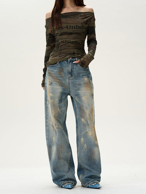 High Waist Wide Leg Paint Smudge Jeans