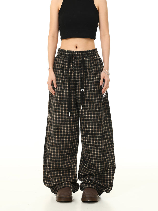 Trendy Elastic Waist Plaid Long Pants