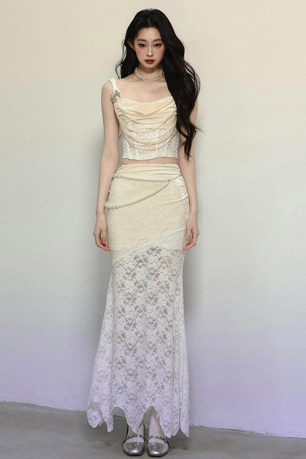 Gilt Night Banquet Lace Vest & Fishtail Skirt Set-Up - My Store