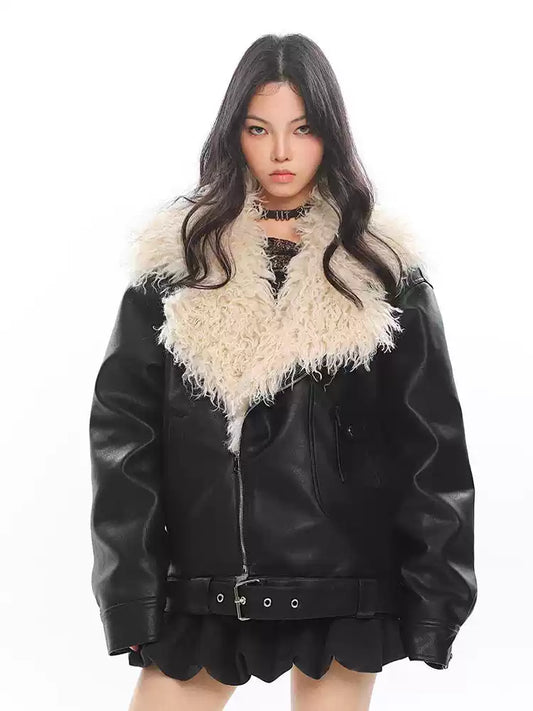 Fur Lapel Windproof Loose Leather Jacket