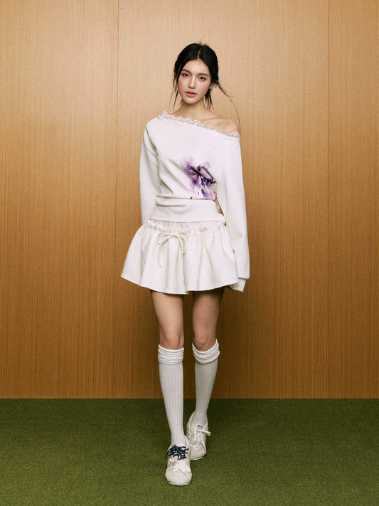 Off-Shoulder Lace Print Sweatshirt - My Store