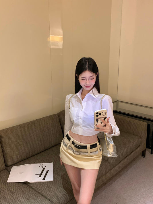 White Blouse Top & Double Belt Skirt