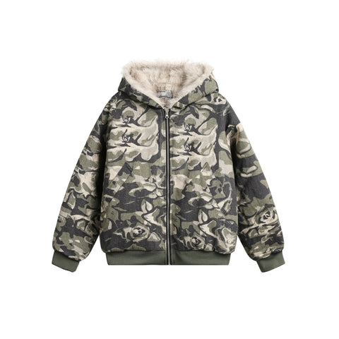 Fake Fur Camouflage Hooded Puffer Jacket