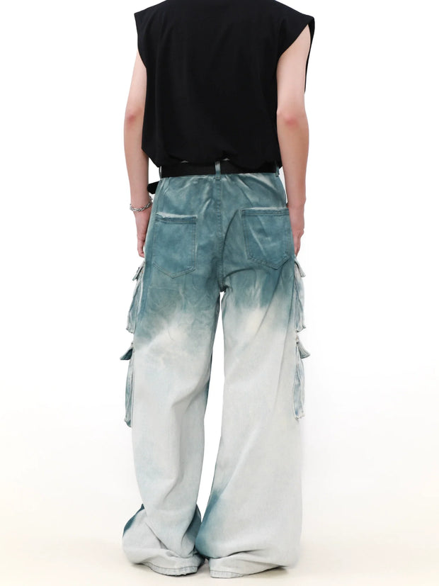 Washed Tie Dye Multi Pocket Wide Leg Denim Jeans