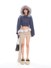 Cropped Faux Fur Hoodie Balloon Sleeves Jacket