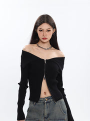 Off Shoulder Fold-over Zip Cardigan