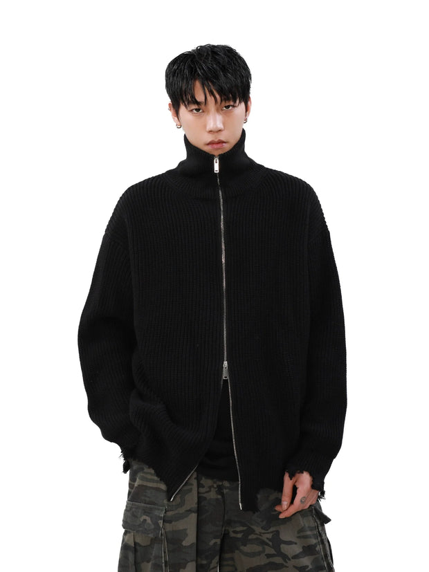 High Neck Damage Sleeve Zipper Knit Cardigan