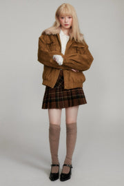 Yellow Brown Bow Suede Jacket