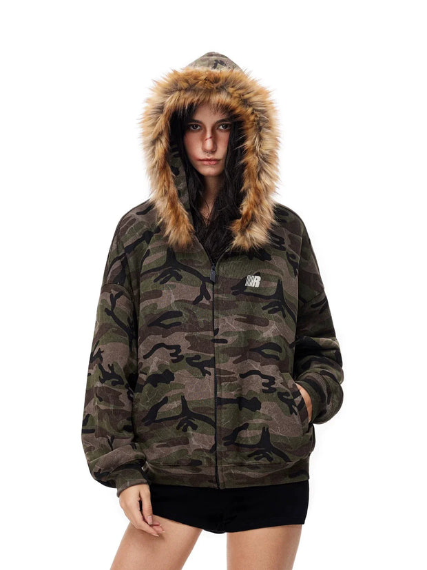 Camouflage Pattern Fur Collar Zip Jacket