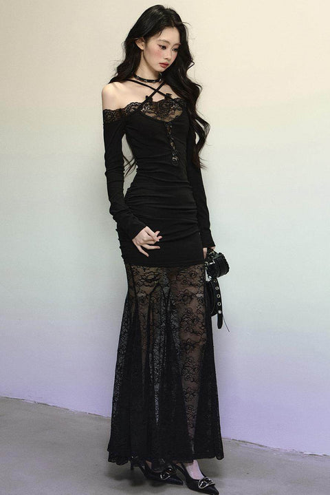 Elegant Lace Halter Long Dress - My Store