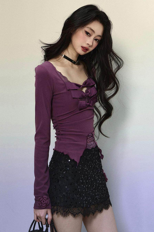 Purple Lace Embroidered Knit Top - My Store