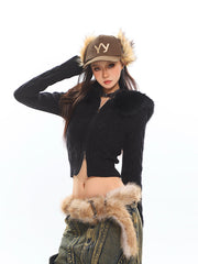 Fur Hooded Cropped Cardigan