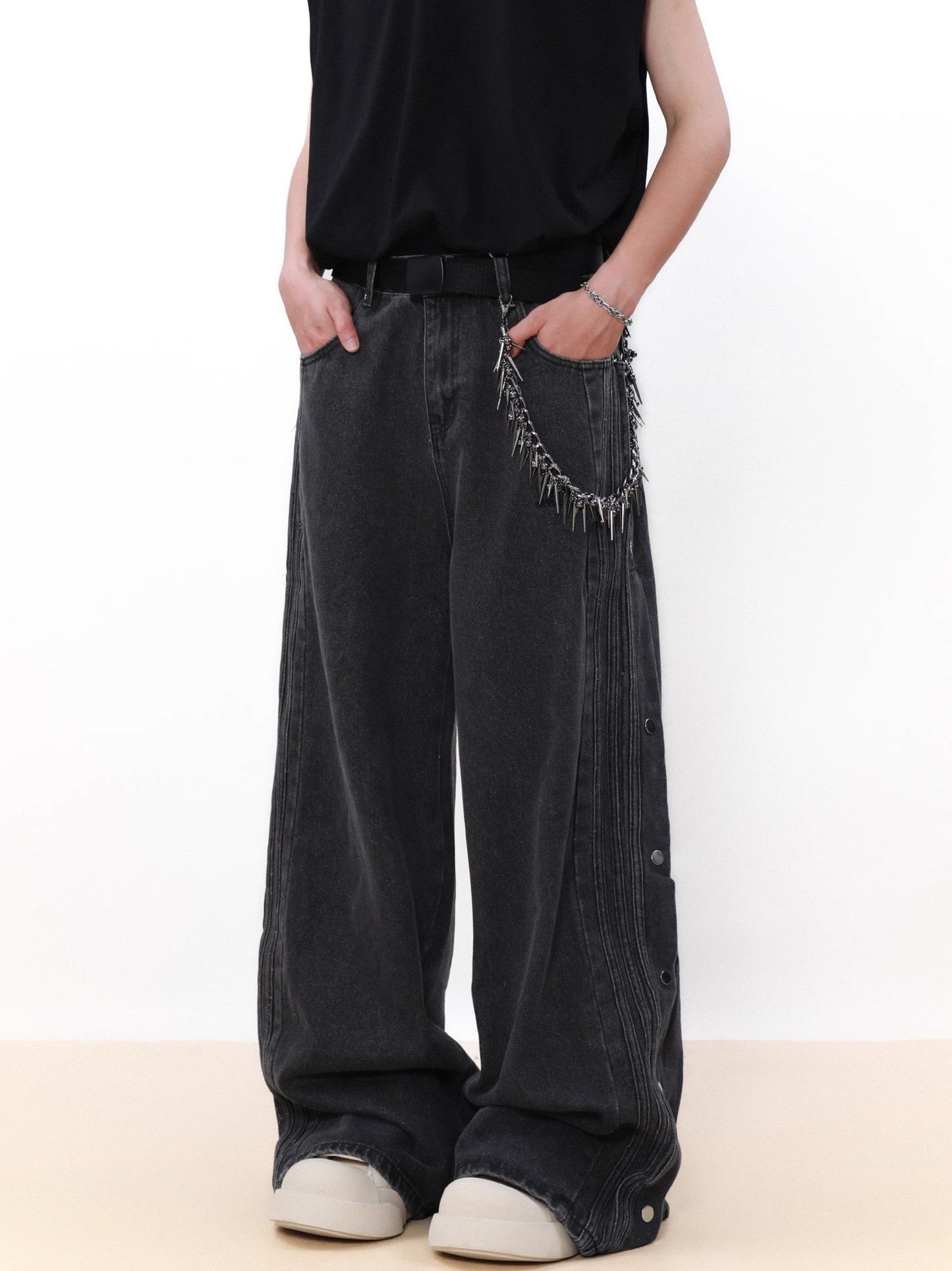 Washed Striped Patchwork Straight Leg Denim Jeans